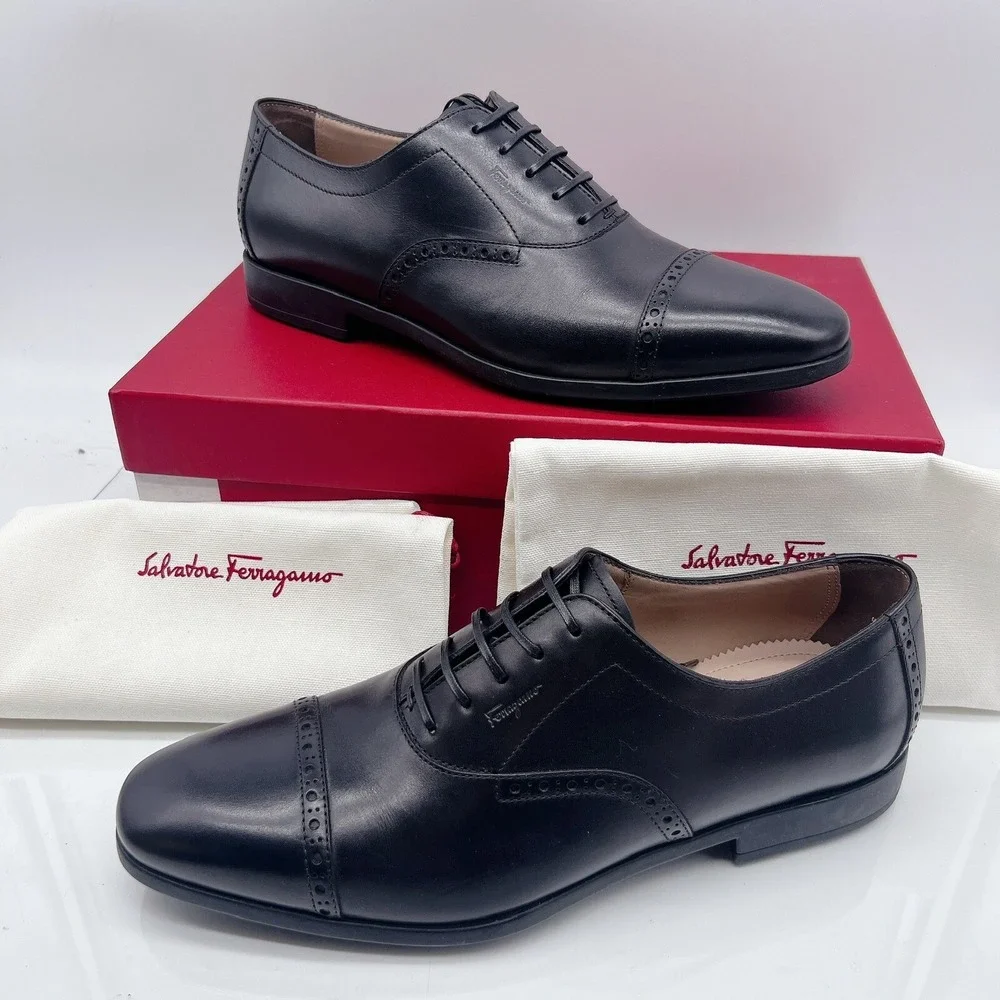 Salvatore Ferragamo Riley Men Dress Shoes Lace Up Oxfords Black Leather US 7 EE